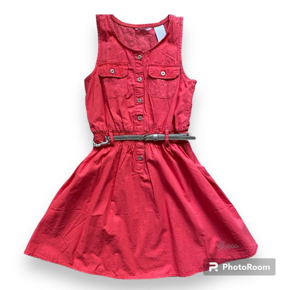 GUESS Kids Watermelon / Salmon pink Dress Lace details Silver belt Size 7 NEW!